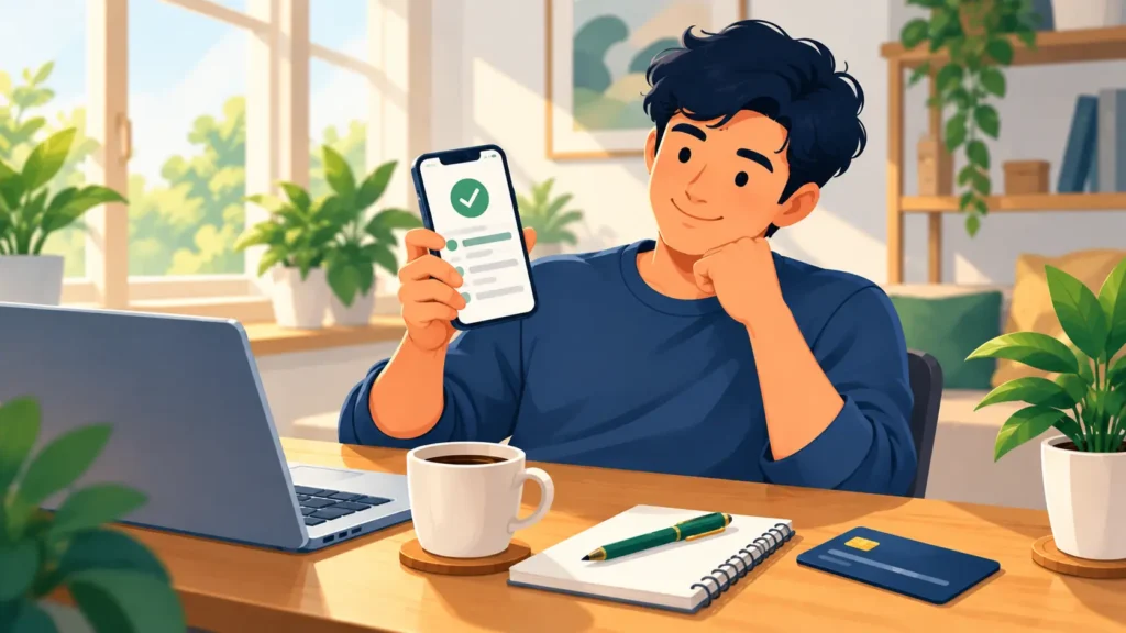 Person reviewing a credit card bill on their phone at a desk with a coffee cup