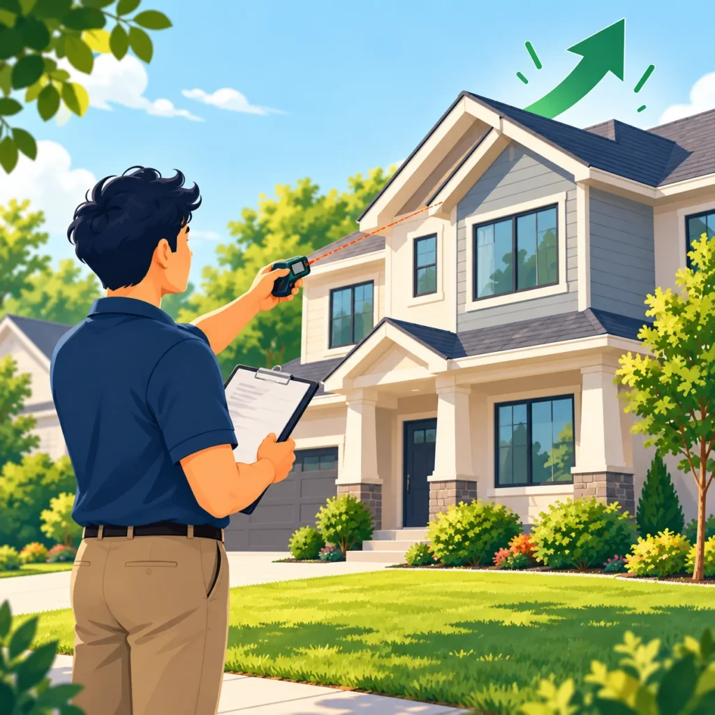 Home appraiser measuring the outside of a house with a clipboard