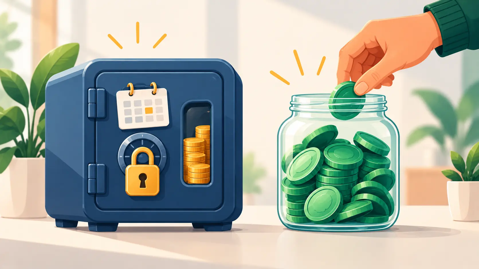 Illustration of a locked savings vault next to an open savings jar, representing a CD and a high-yield savings account