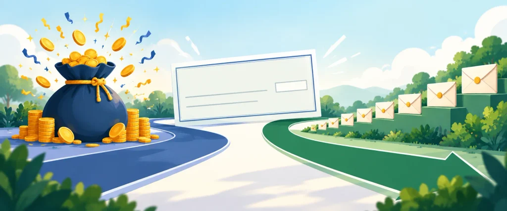 Illustration of a giant lottery check split into one big bag of cash and a row of yearly envelopes