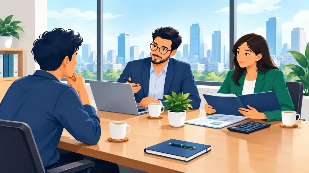 Person meeting with a financial advisor and tax professional at a table with documents