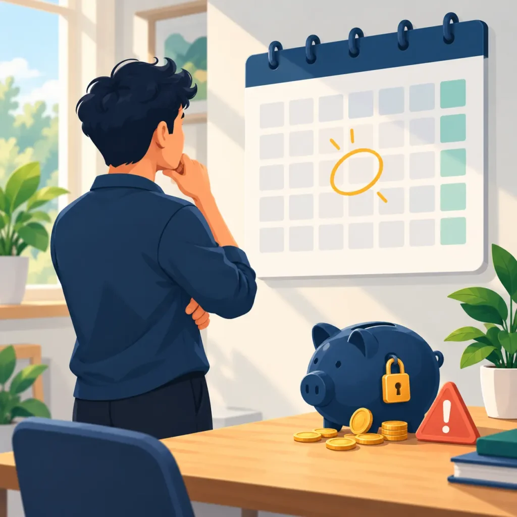 person looking at a calendar and a locked piggy bank, deciding whether to withdraw money early
